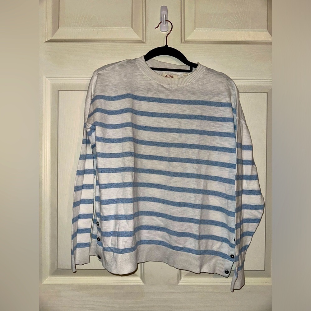 Fat Face women’s blue striped side button sweater 8 nautical beach cotton